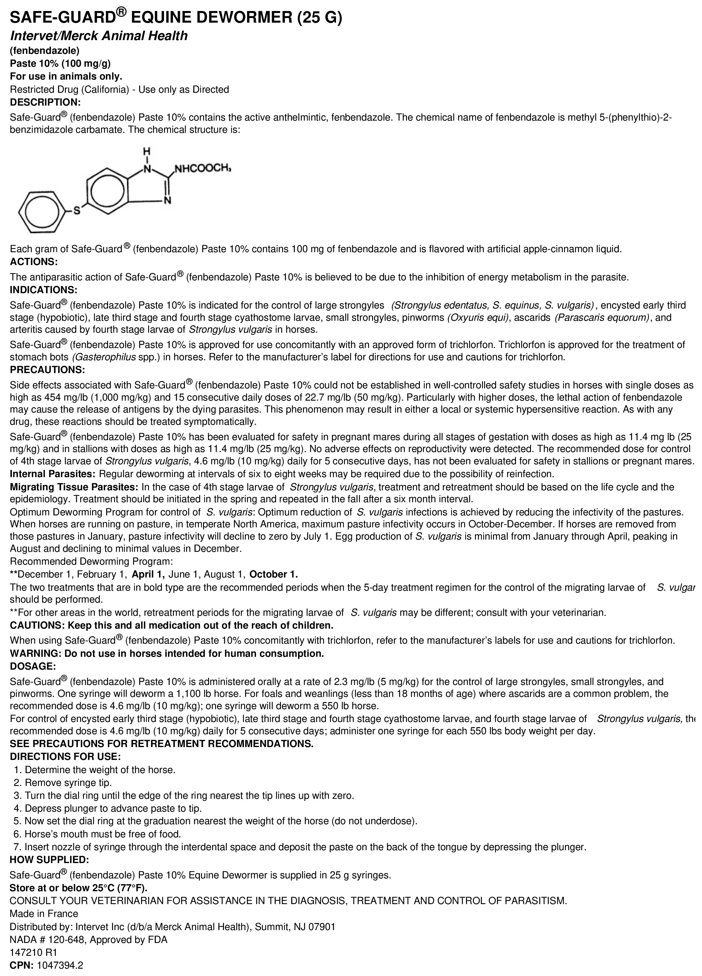 Safe-Guard Horse Wormer - Fenbendazole Paste 25g