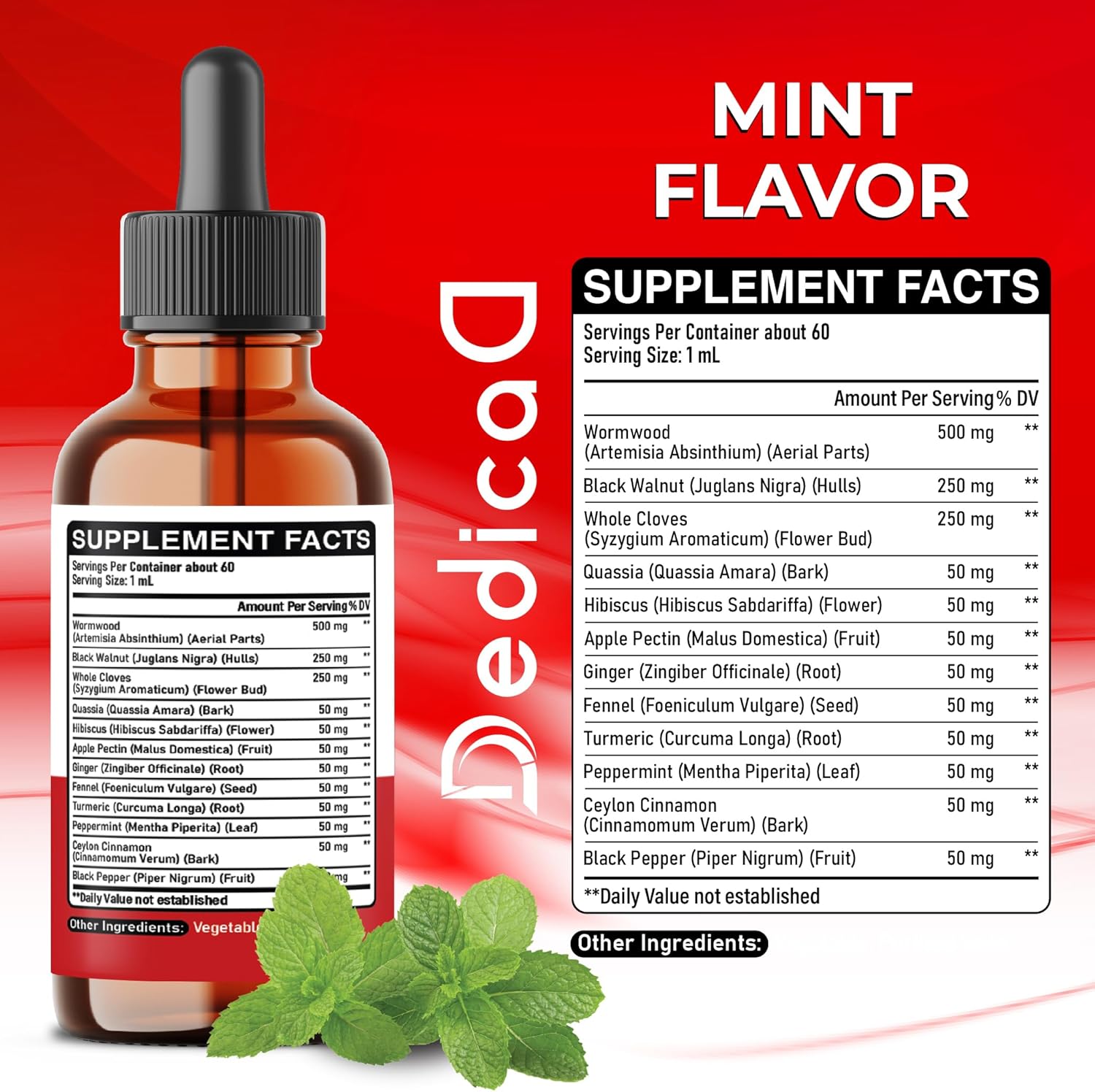 12in1 Wormwood Liquid Drops Added Black Walnut, Whole Cloves and 9 More Herbs - 60ml - Mint Flavor - natuurlijk supplement | naturalcleance.com