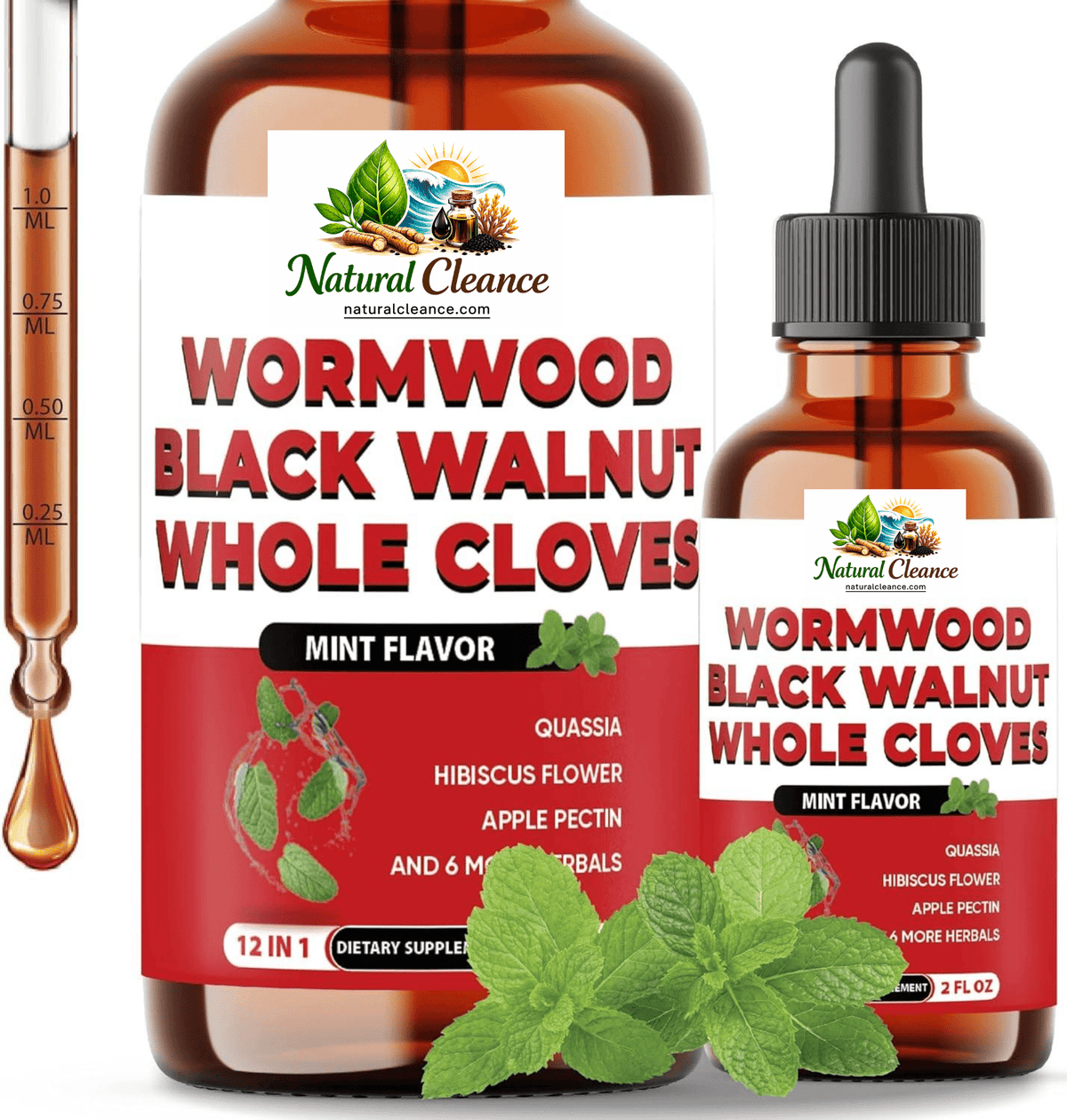 12in1 Wormwood Liquid Drops Added Black Walnut, Whole Cloves and 9 More Herbs - 60ml - Mint Flavor - natuurlijk supplement | naturalcleance.com