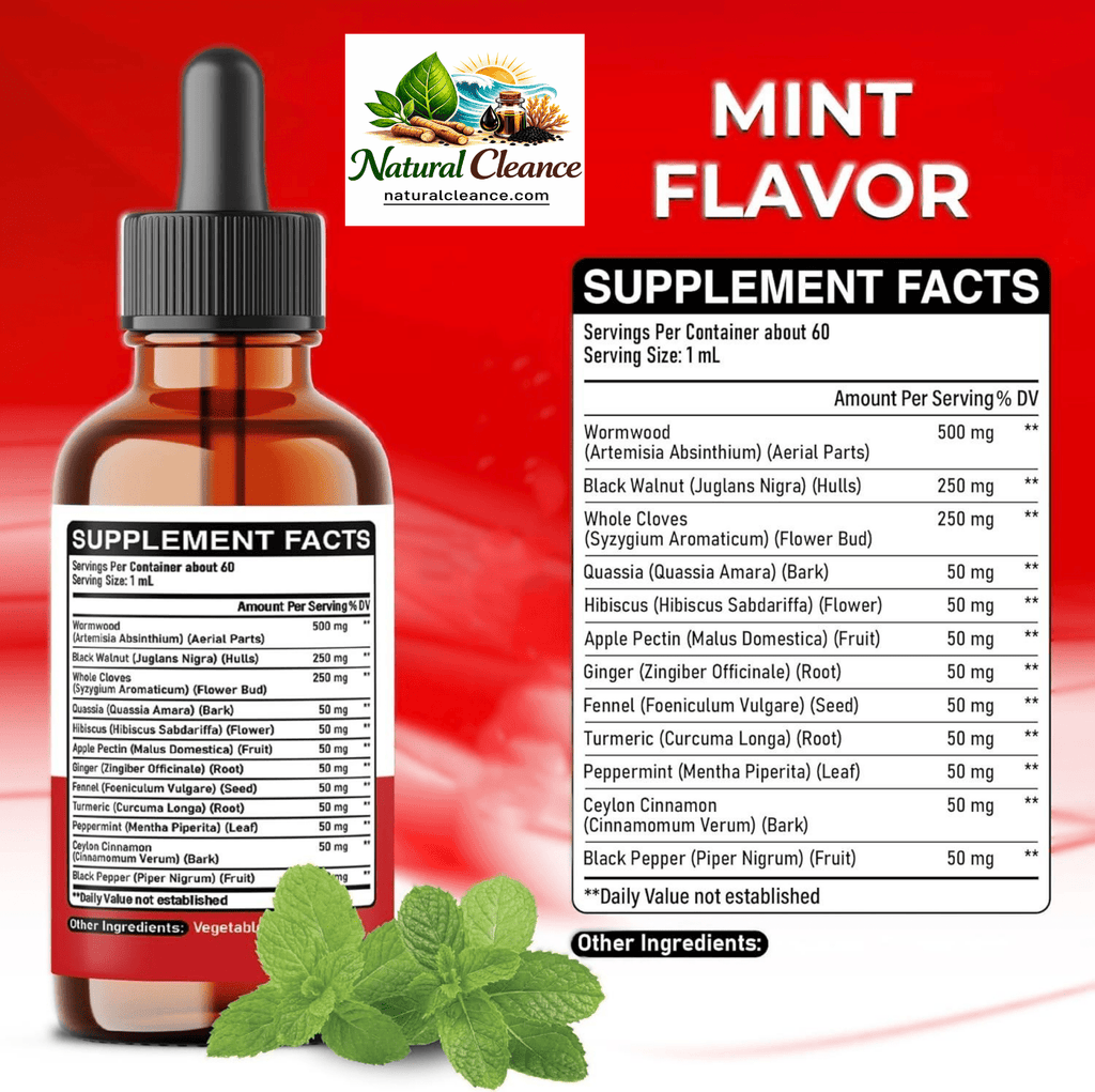 12in1 Wormwood Liquid Drops Added Black Walnut, Whole Cloves and 9 More Herbs - 60ml - Mint Flavor - natuurlijk supplement | naturalcleance.com