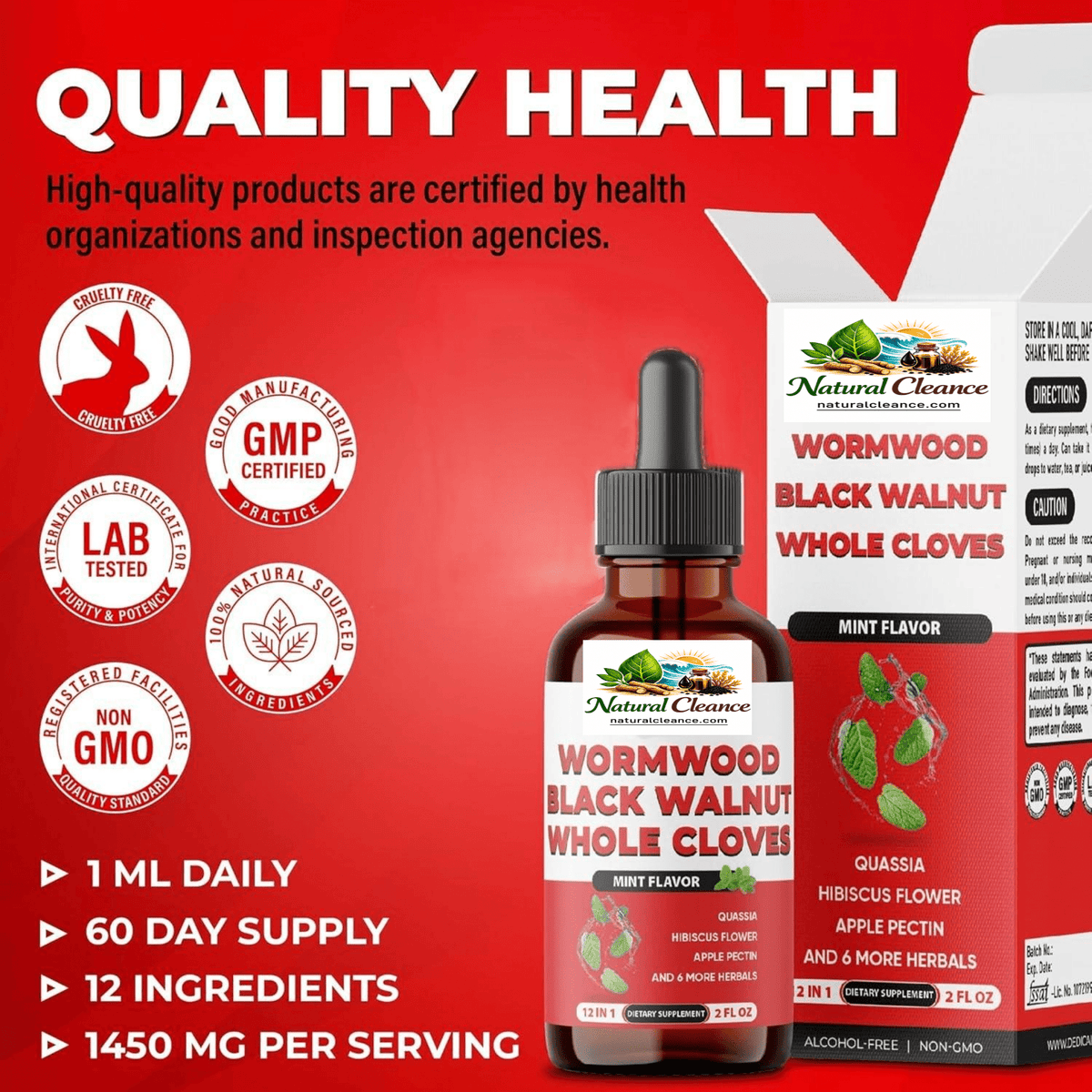 12in1 Wormwood Liquid Drops Added Black Walnut, Whole Cloves and 9 More Herbs - 60ml - Mint Flavor - natuurlijk supplement | naturalcleance.com