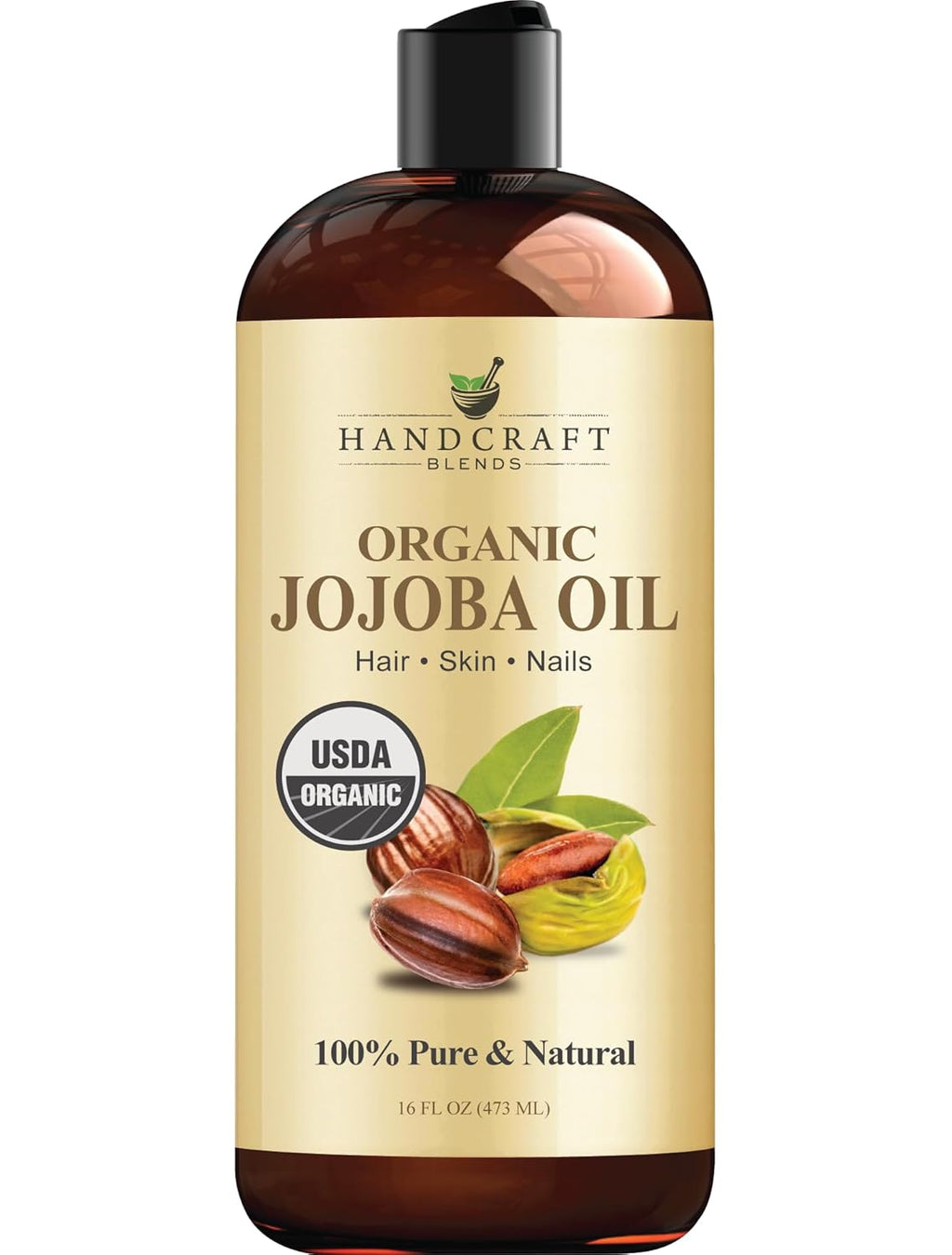 Handcraft Blends USDA Organic Jojoba Oil-pomp included| Cold-Pressed | 473 ml | 100% Pure & Natural | for Hair, Skin & Face | Premium Grade Carrier Oil | for Massage & Aromatherapy | Hexane-Free