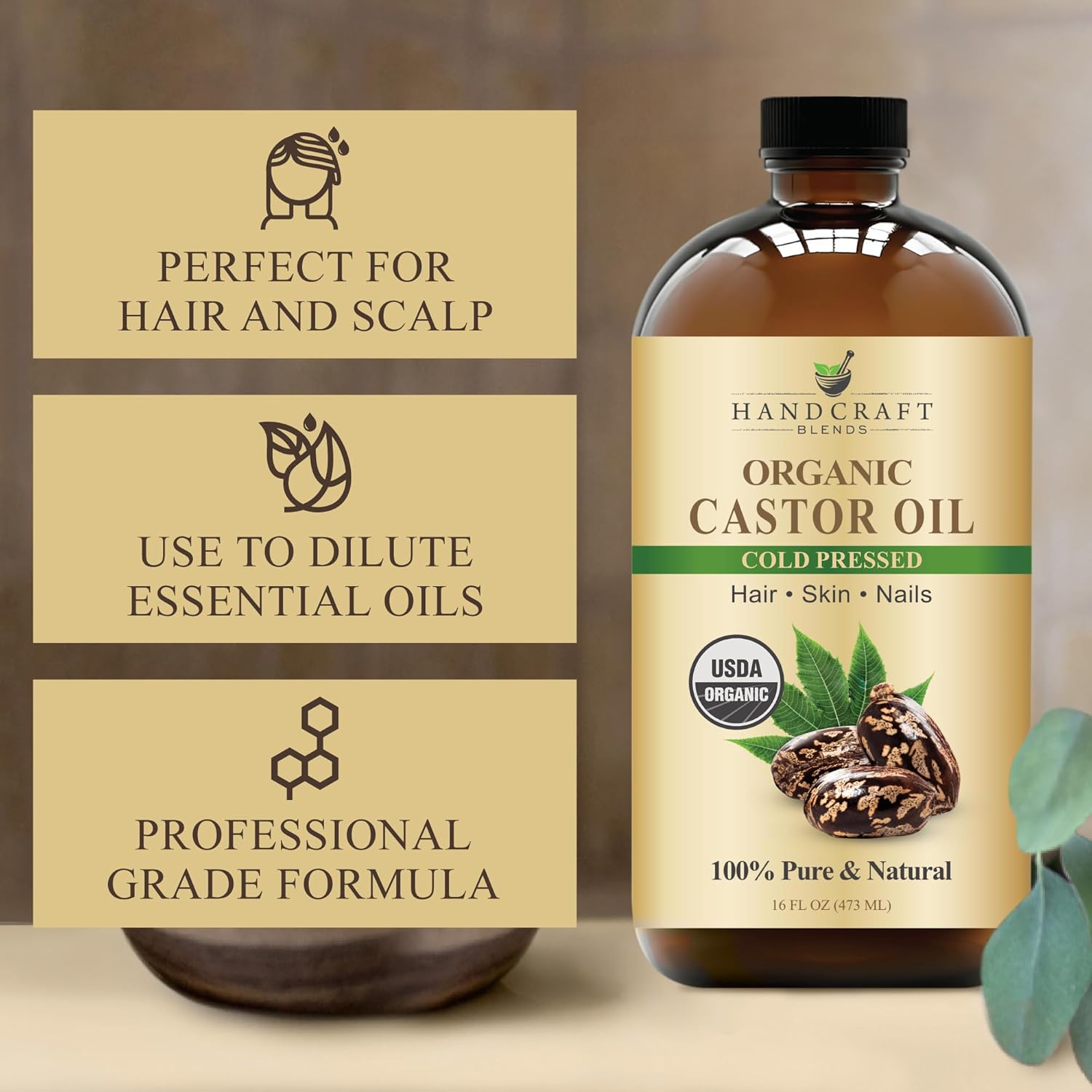 Handcraft Blends Cold-Pressed Organic Castor Oil 473ml | Glass Bottle | 100% Pure and Natural | Premium Grade Carrier Oil | Hair, Eyelashes and Eyebrows | Hair and Body
