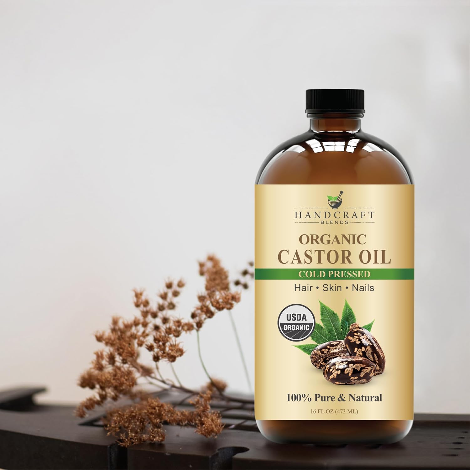 Handcraft Blends Cold-Pressed Organic Castor Oil 473ml | Glass Bottle | 100% Pure and Natural | Premium Grade Carrier Oil | Hair, Eyelashes and Eyebrows | Hair and Body