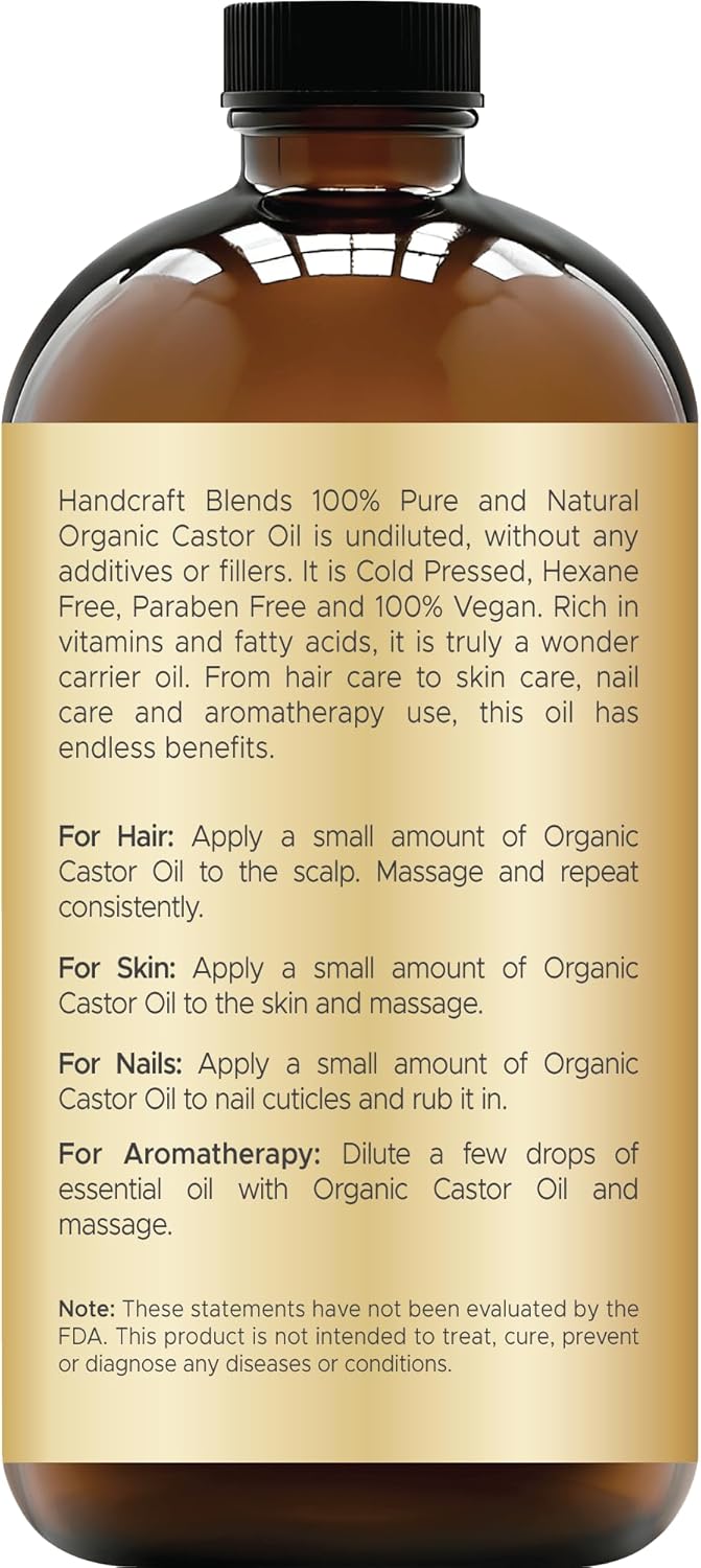 Handcraft Blends Cold-Pressed Organic Castor Oil 473ml | Glass Bottle | 100% Pure and Natural | Premium Grade Carrier Oil | Hair, Eyelashes and Eyebrows | Hair and Body