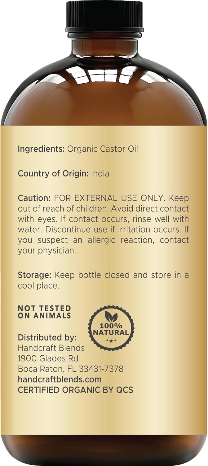 Handcraft Blends Cold-Pressed Organic Castor Oil 473ml | Glass Bottle | 100% Pure and Natural | Premium Grade Carrier Oil | Hair, Eyelashes and Eyebrows | Hair and Body