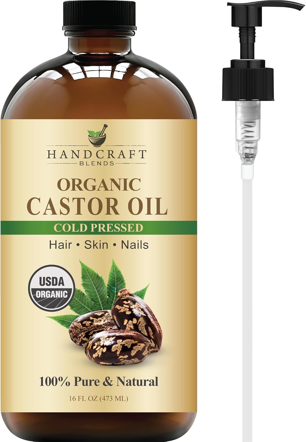 Handcraft Blends Cold-Pressed Organic Castor Oil 473ml | Glass Bottle | 100% Pure and Natural | Premium Grade Carrier Oil | Hair, Eyelashes and Eyebrows | Hair and Body