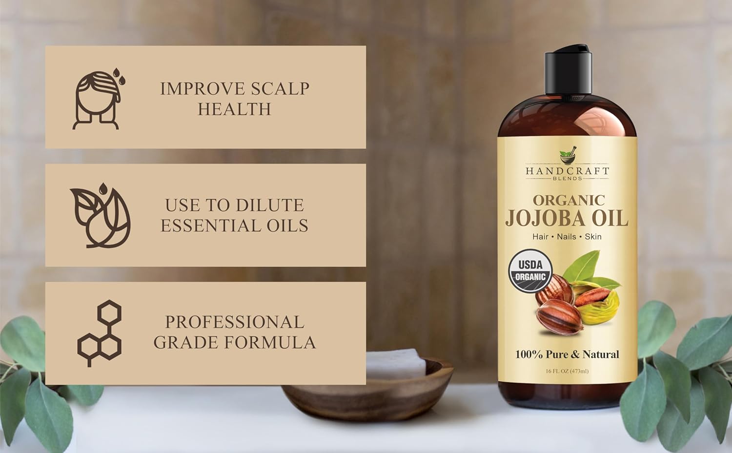 Handcraft Blends USDA Organic Jojoba Oil-pomp included| Cold-Pressed | 473 ml | 100% Pure & Natural | for Hair, Skin & Face | Premium Grade Carrier Oil | for Massage & Aromatherapy | Hexane-Free