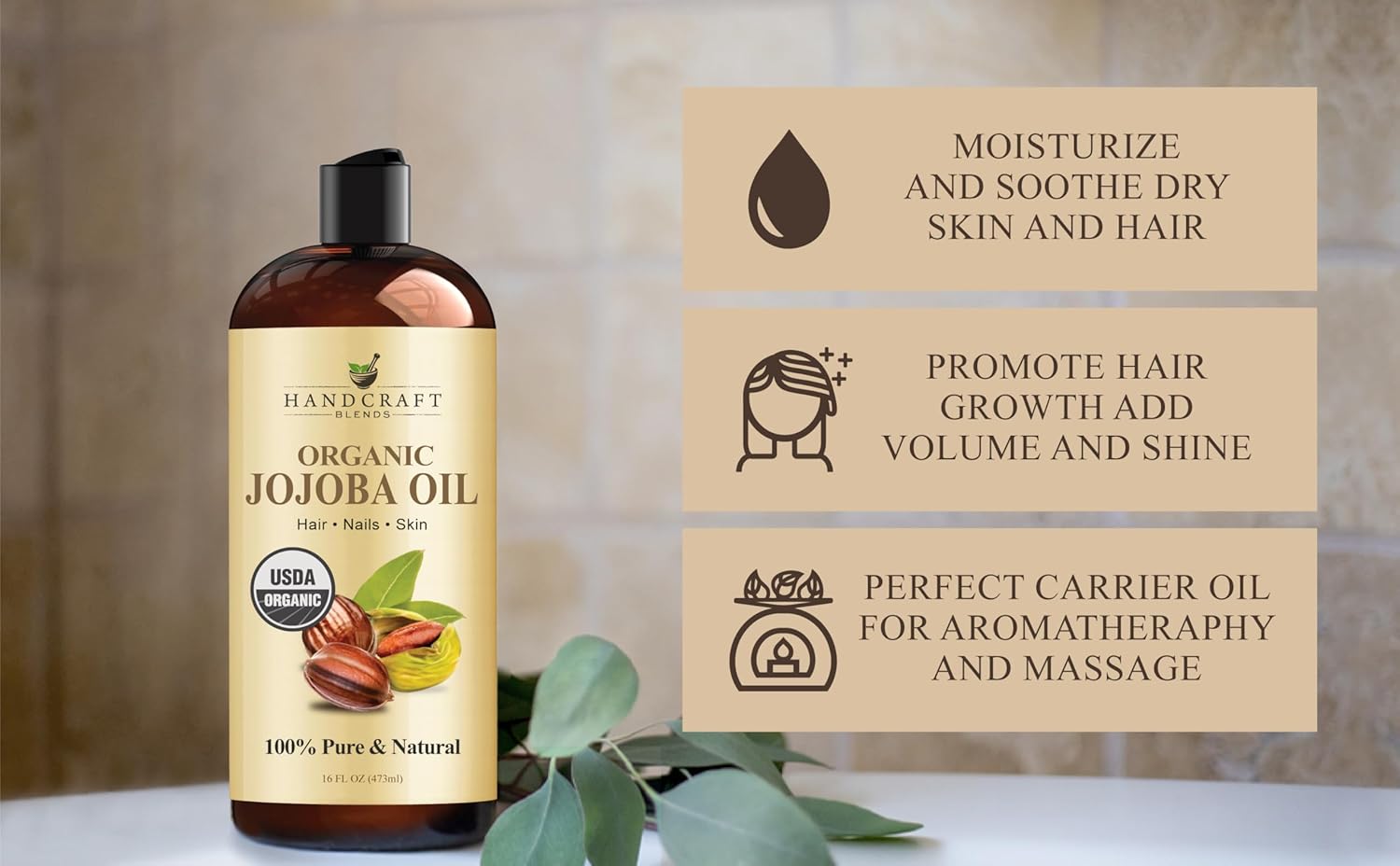 Handcraft Blends USDA Organic Jojoba Oil-pomp included| Cold-Pressed | 473 ml | 100% Pure & Natural | for Hair, Skin & Face | Premium Grade Carrier Oil | for Massage & Aromatherapy | Hexane-Free