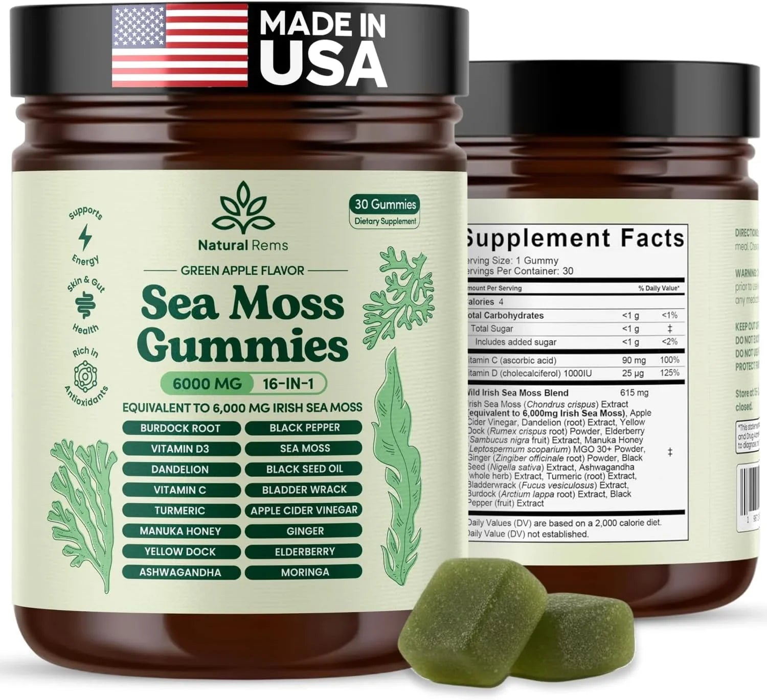 Natural Rems Sea Moss Gummies 16-in-1 - Ashwagandha Black Seed Oil Bladder Wrack Turmeric Vitamin C & D3 with Manuka Burdock Root Dandelion Yellow Dock Elderberry Apple Cider Vinegar (Green Apple) - natuurlijk supplement | naturalcleance.com