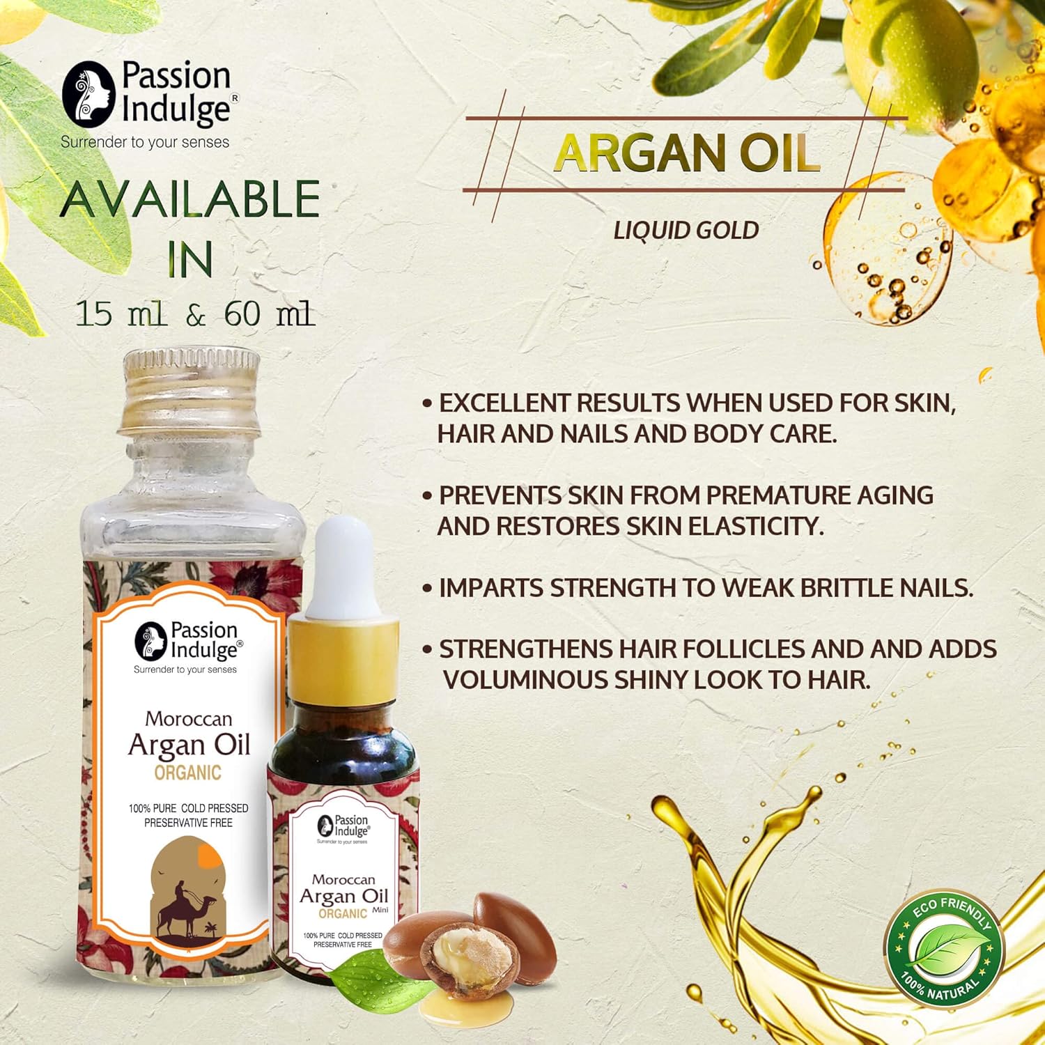 Passion Indulge Moroccan Argan Oil for Hair Growth, Dandruff and Scalp Disorders, Organic Carrier oil for Hair - 10 ml