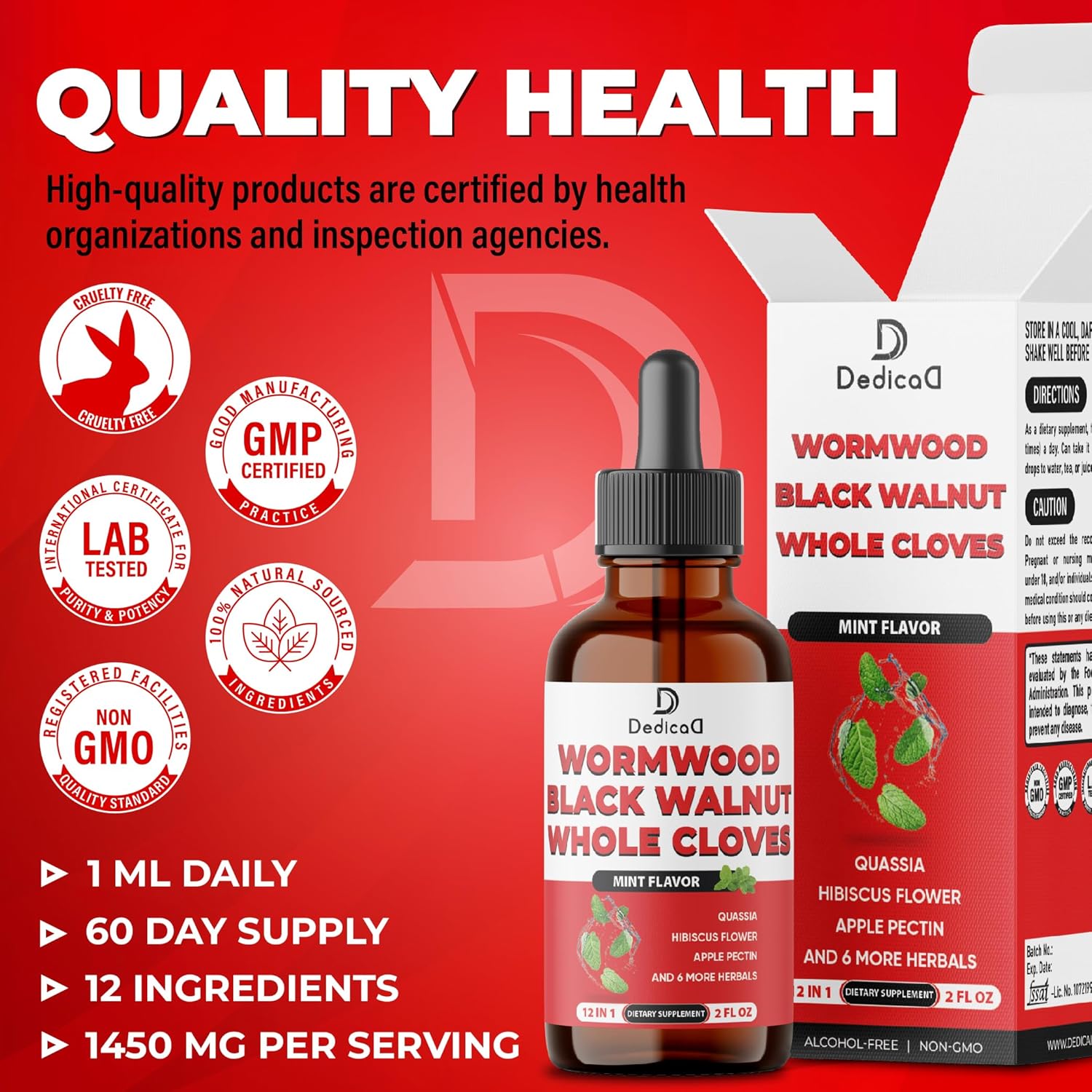 12in1 Wormwood Liquid Drops Added Black Walnut, Whole Cloves and 9 More Herbs - 60ml - Mint Flavor - natuurlijk supplement | naturalcleance.com