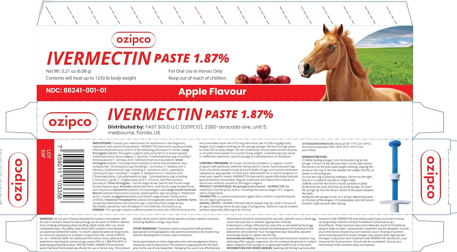 Ivermectin Horse Paste 1.87% | Koop 3 artikelen Krijg 3 artikelen met 15% korting- Apple Flavor – 6.08g Syringe for Equine Use Only Up to 1250 LB