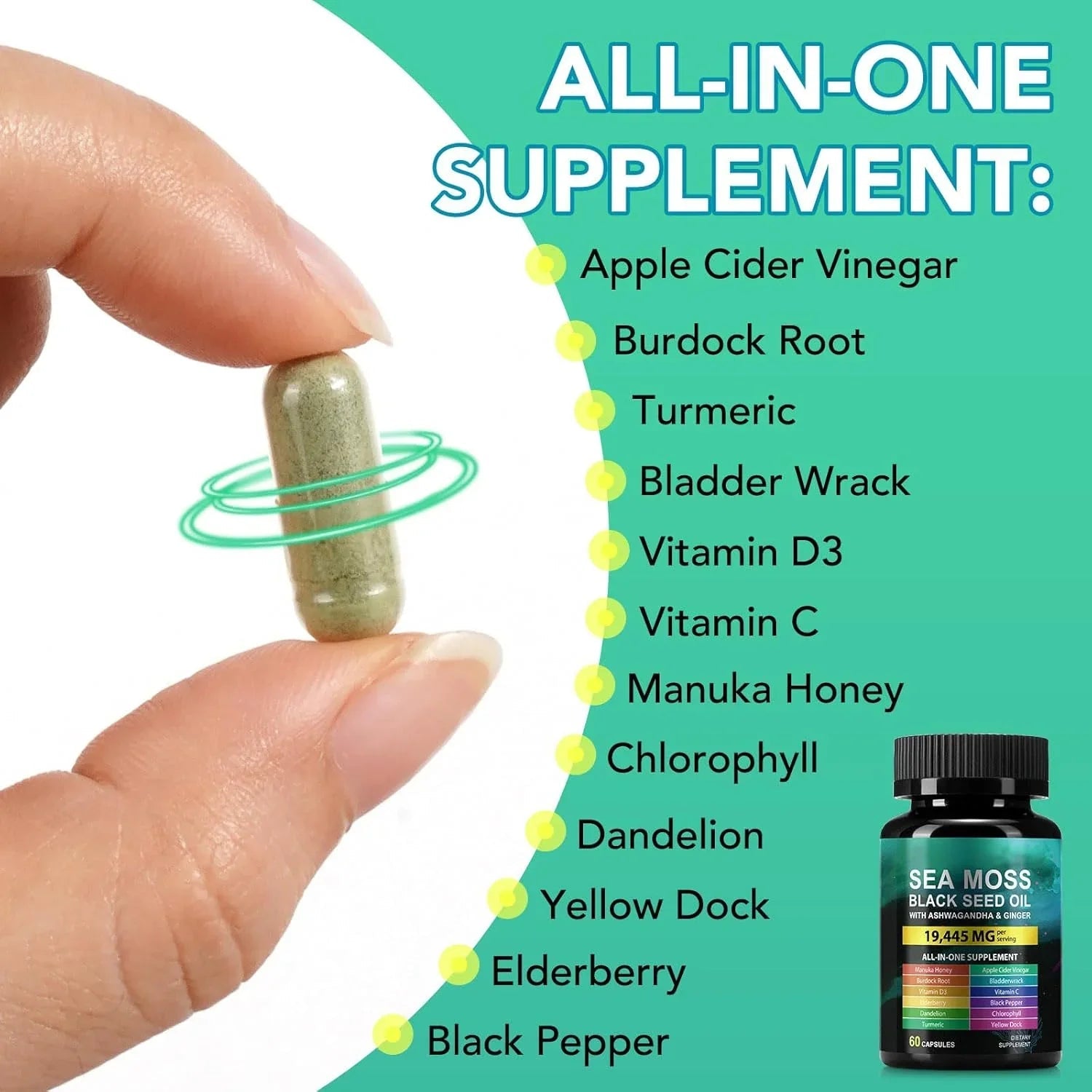 Ashwagandha Sea Moss Black Seed Oil 60 Capsules - Natural Cleance