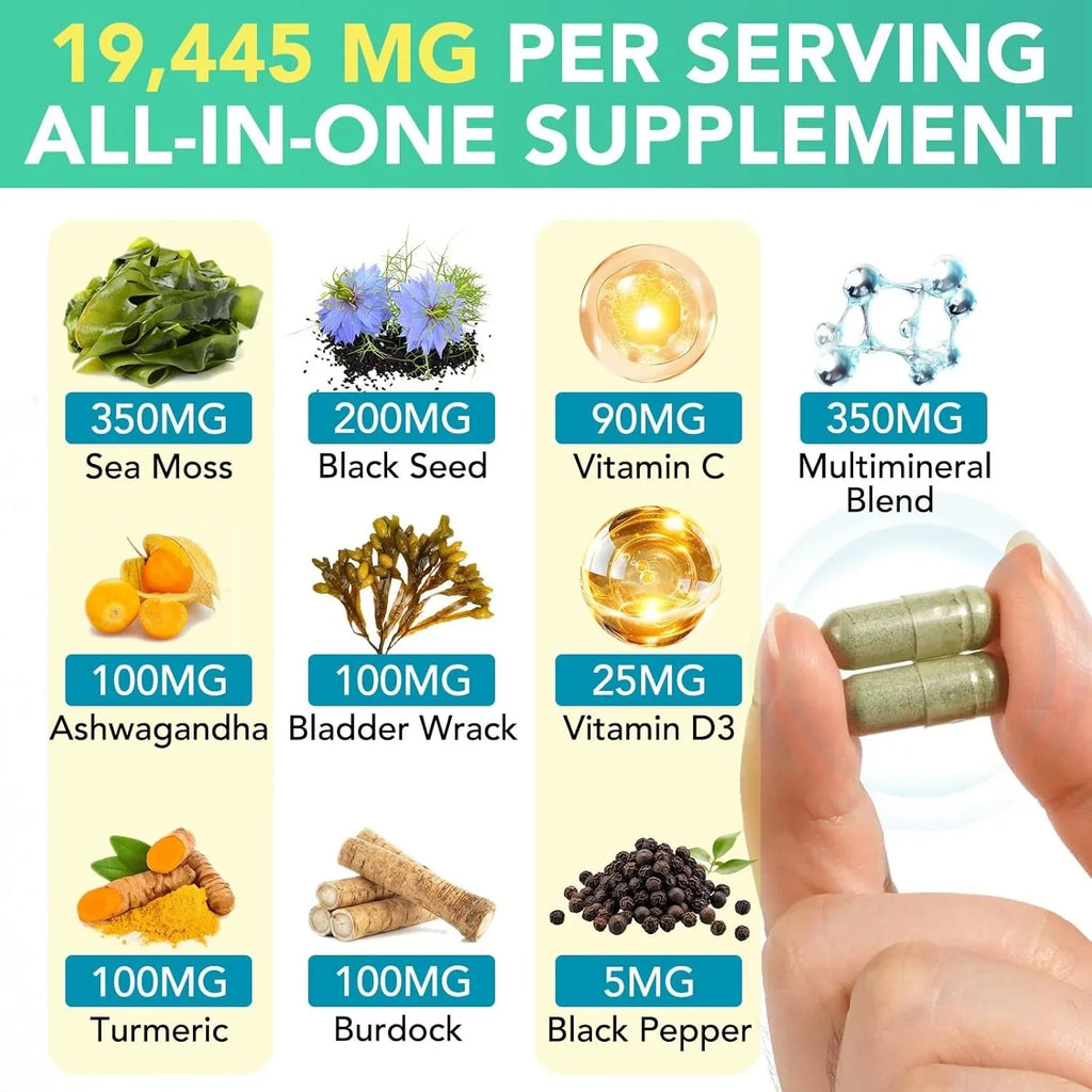 Ashwagandha Sea Moss Black Seed Oil 60 Capsules - Natural Cleance