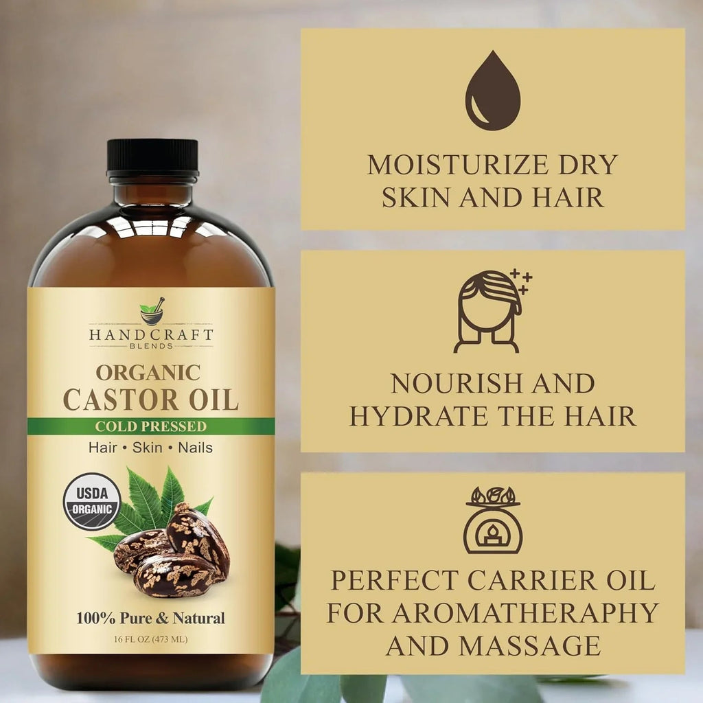 Handcraft Blends Cold-Pressed Organic Castor Oil 473ml | Glass Bottle | 100% Pure and Natural | Premium Grade Carrier Oil | Hair, Eyelashes and Eyebrows | Hair and Body - natuurlijk supplement | naturalcleance.com