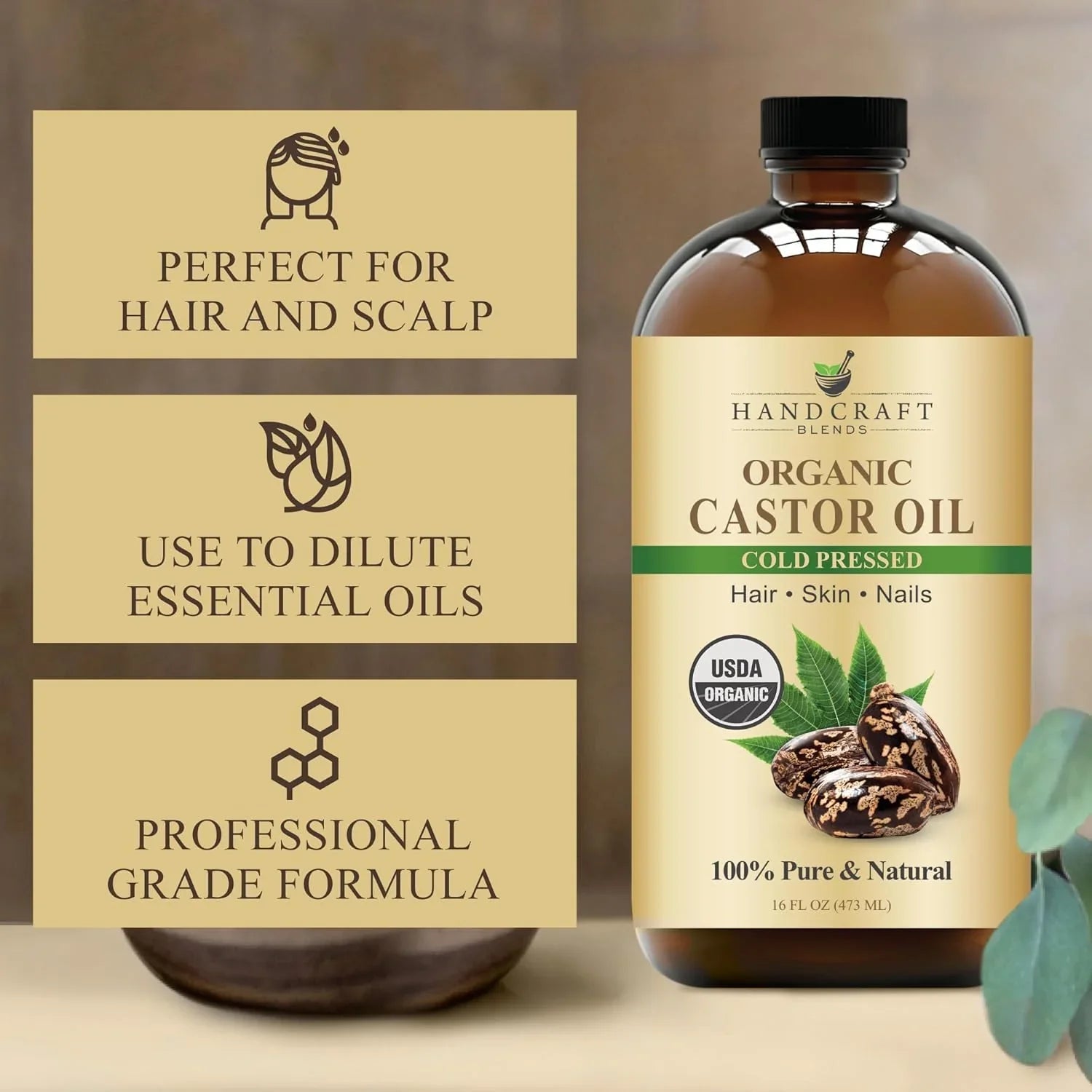 Handcraft Blends Cold-Pressed Organic Castor Oil 473ml | Glass Bottle | 100% Pure and Natural | Premium Grade Carrier Oil | Hair, Eyelashes and Eyebrows | Hair and Body - natuurlijk supplement | naturalcleance.com