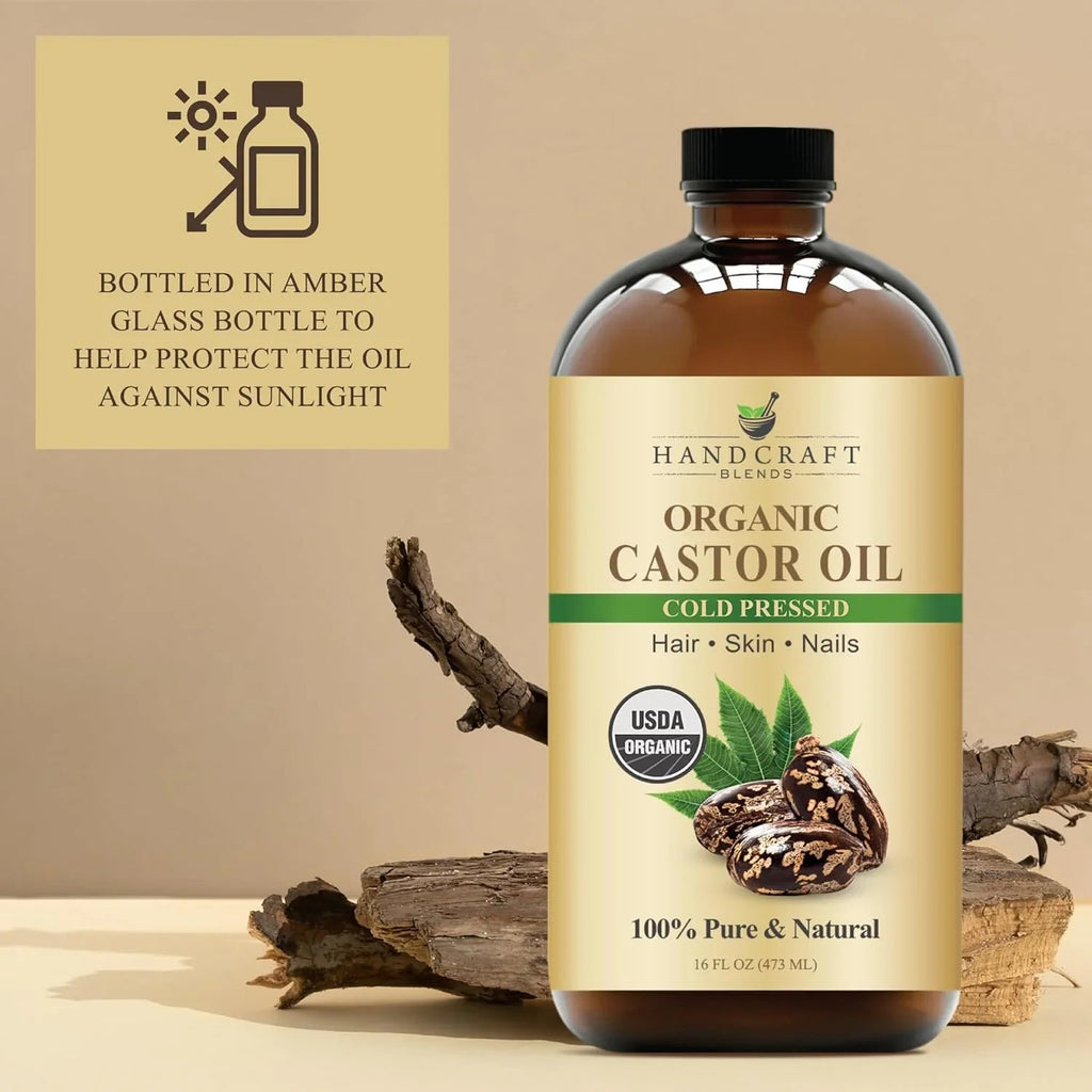 Handcraft Blends Cold-Pressed Organic Castor Oil 473ml | Glass Bottle | 100% Pure and Natural | Premium Grade Carrier Oil | Hair, Eyelashes and Eyebrows | Hair and Body - natuurlijk supplement | naturalcleance.com