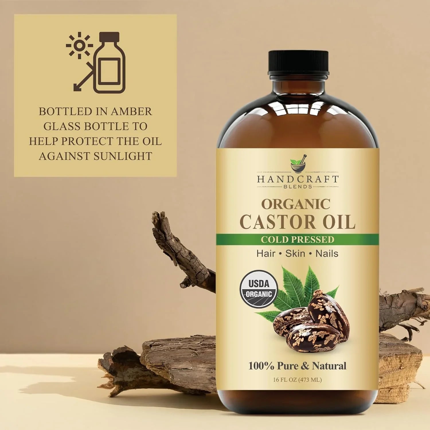 Handcraft Blends Cold-Pressed Organic Castor Oil 473ml | Glass Bottle | 100% Pure and Natural | Premium Grade Carrier Oil | Hair, Eyelashes and Eyebrows | Hair and Body - natuurlijk supplement | naturalcleance.com