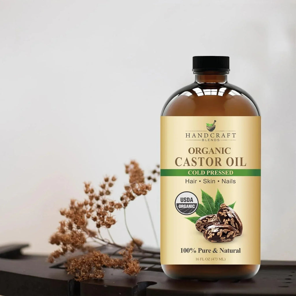 Handcraft Blends Cold-Pressed Organic Castor Oil 473ml | Glass Bottle | 100% Pure and Natural | Premium Grade Carrier Oil | Hair, Eyelashes and Eyebrows | Hair and Body - natuurlijk supplement | naturalcleance.com