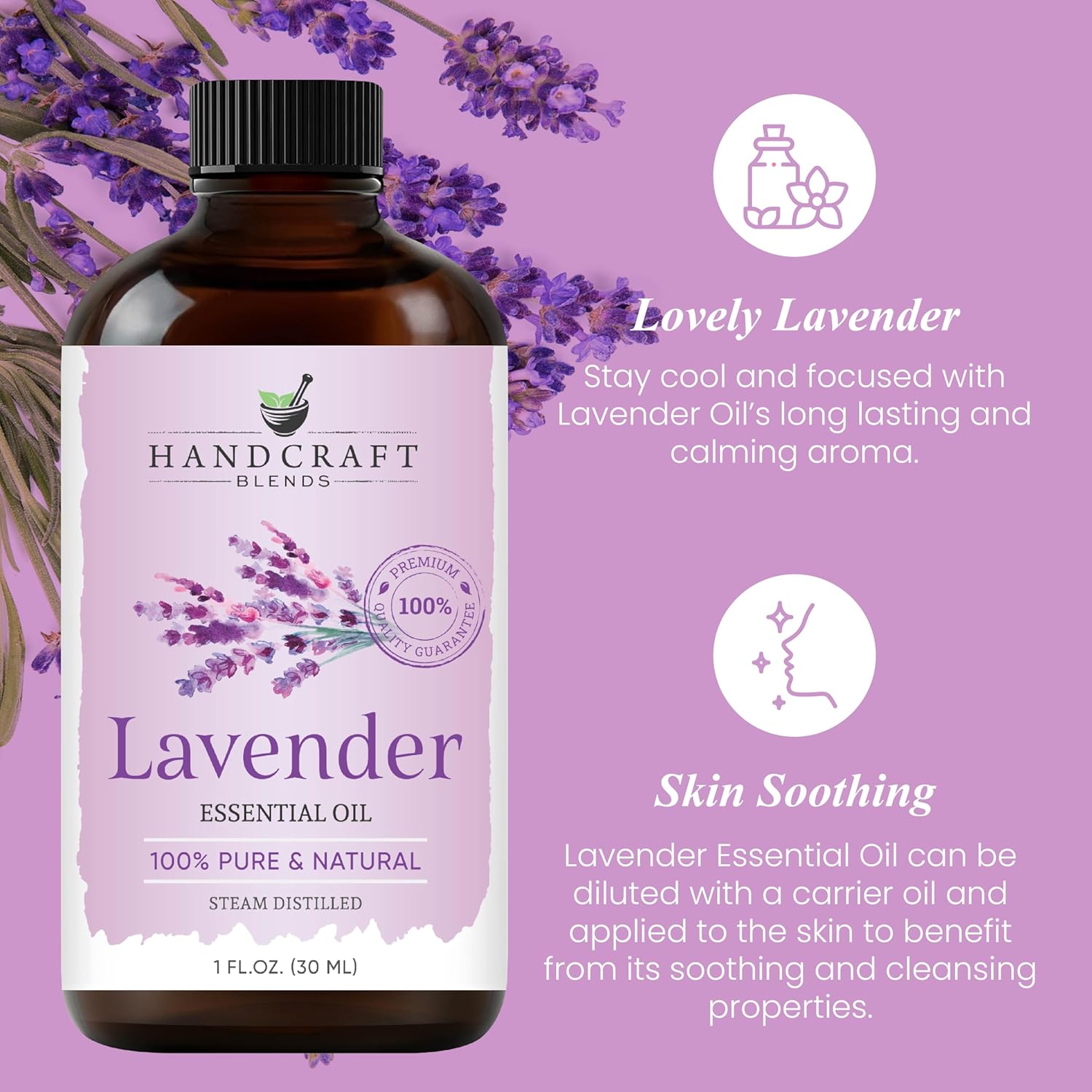 Handcraft Blends Lavender Essential Oil – 1 Fl Oz – 100% Pure and Natural – Premium Grade Essential Oil for Diffuser and Aromatherapy, Skin, Massage, Candle and Soap Making Fragrance - natuurlijk supplement | naturalcleance.com