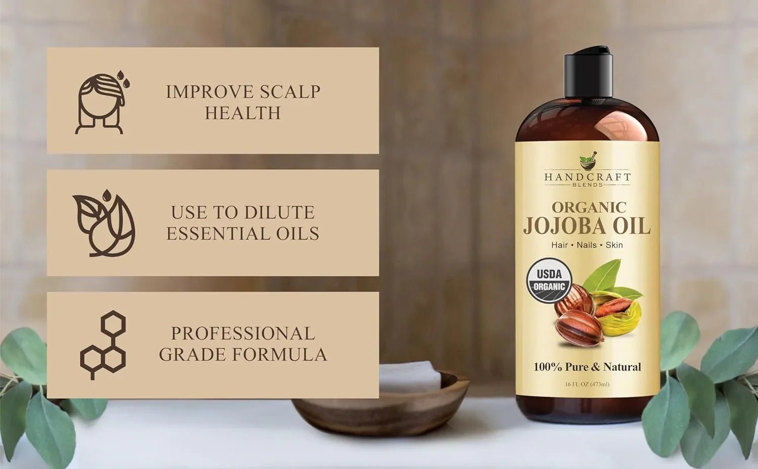 Handcraft Blends USDA Organic Jojoba Oil-pomp included| Cold-Pressed | 473 ml | 100% Pure & Natural | for Hair, Skin & Face | Premium Grade Carrier Oil | for Massage & Aromatherapy | Hexane-Free - natuurlijk supplement | naturalcleance.com