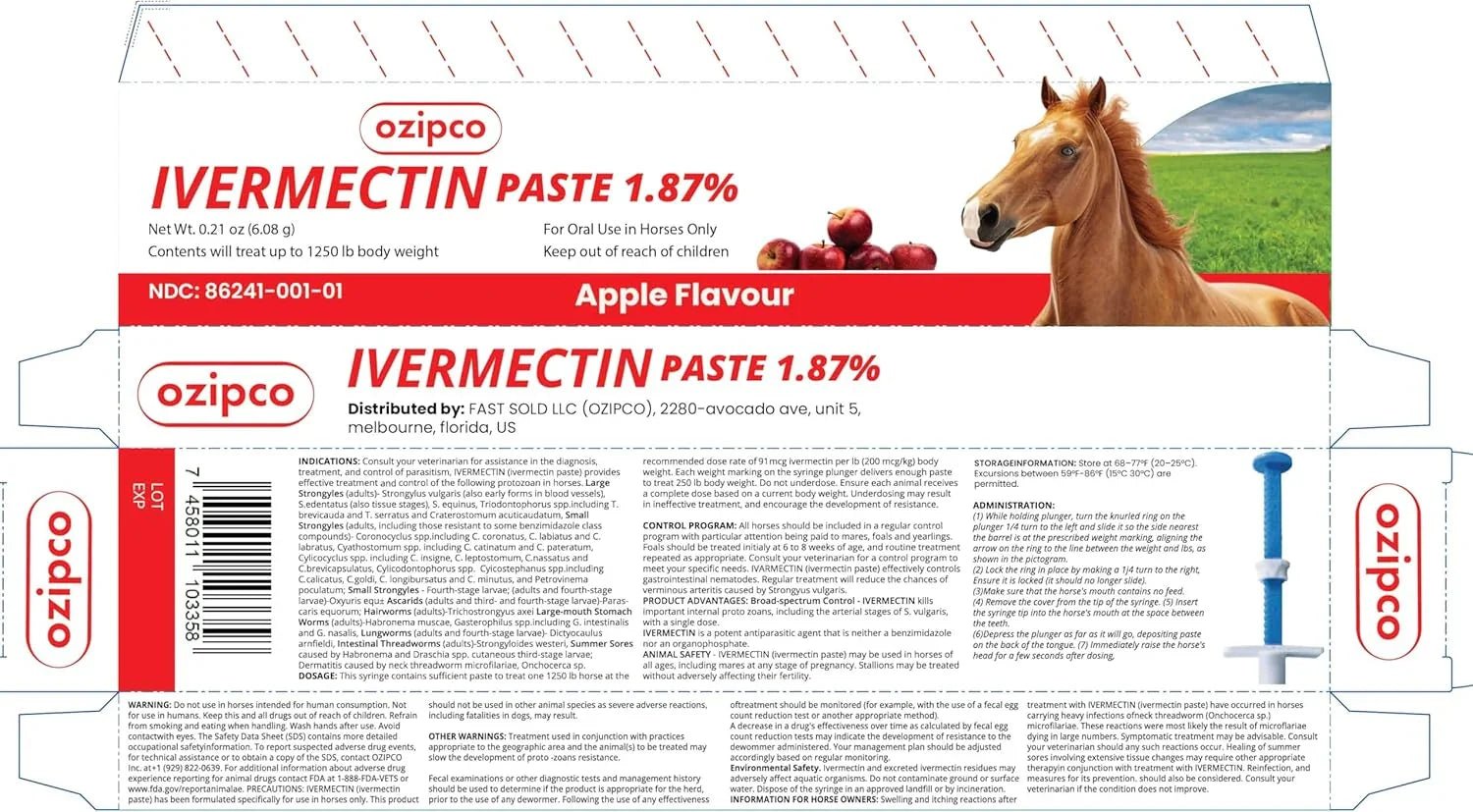 Ivermectin Horse Paste 1.87% | Koop 3 artikelen Krijg 3 artikelen met 15% korting- Apple Flavor – 6.08g Syringe for Equine Use Only Up to 1250 LB - natuurlijk supplement | naturalcleance.com