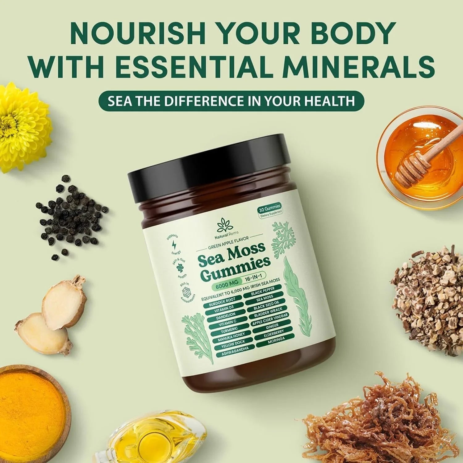 Natural Rems Sea Moss Gummies 16-in-1 - Ashwagandha Black Seed Oil Bladder Wrack Turmeric Vitamin C & D3 with Manuka Burdock Root Dandelion Yellow Dock Elderberry Apple Cider Vinegar (Green Apple) - natuurlijk supplement | naturalcleance.com