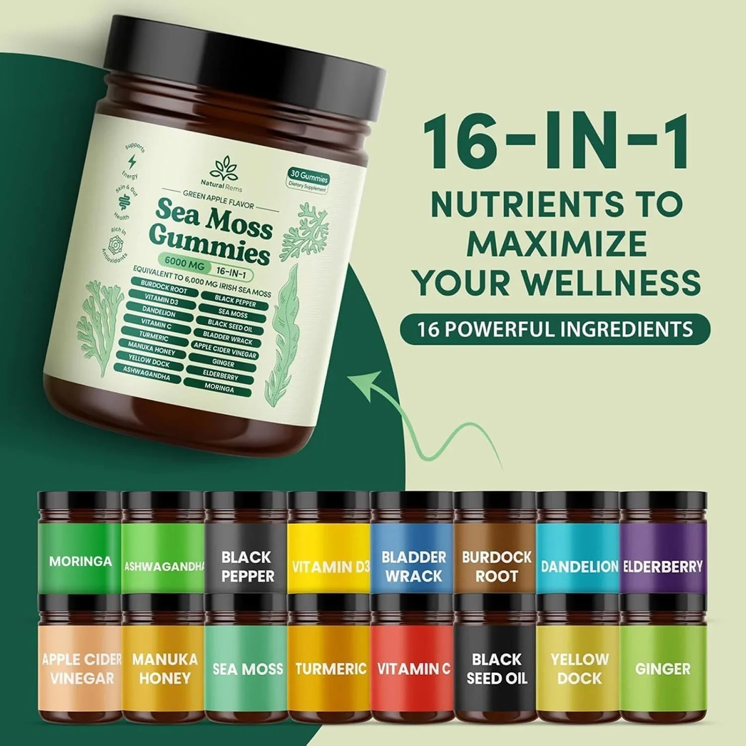 Natural Rems Sea Moss Gummies 16-in-1 - Ashwagandha Black Seed Oil Bladder Wrack Turmeric Vitamin C & D3 with Manuka Burdock Root Dandelion Yellow Dock Elderberry Apple Cider Vinegar (Green Apple) - natuurlijk supplement | naturalcleance.com