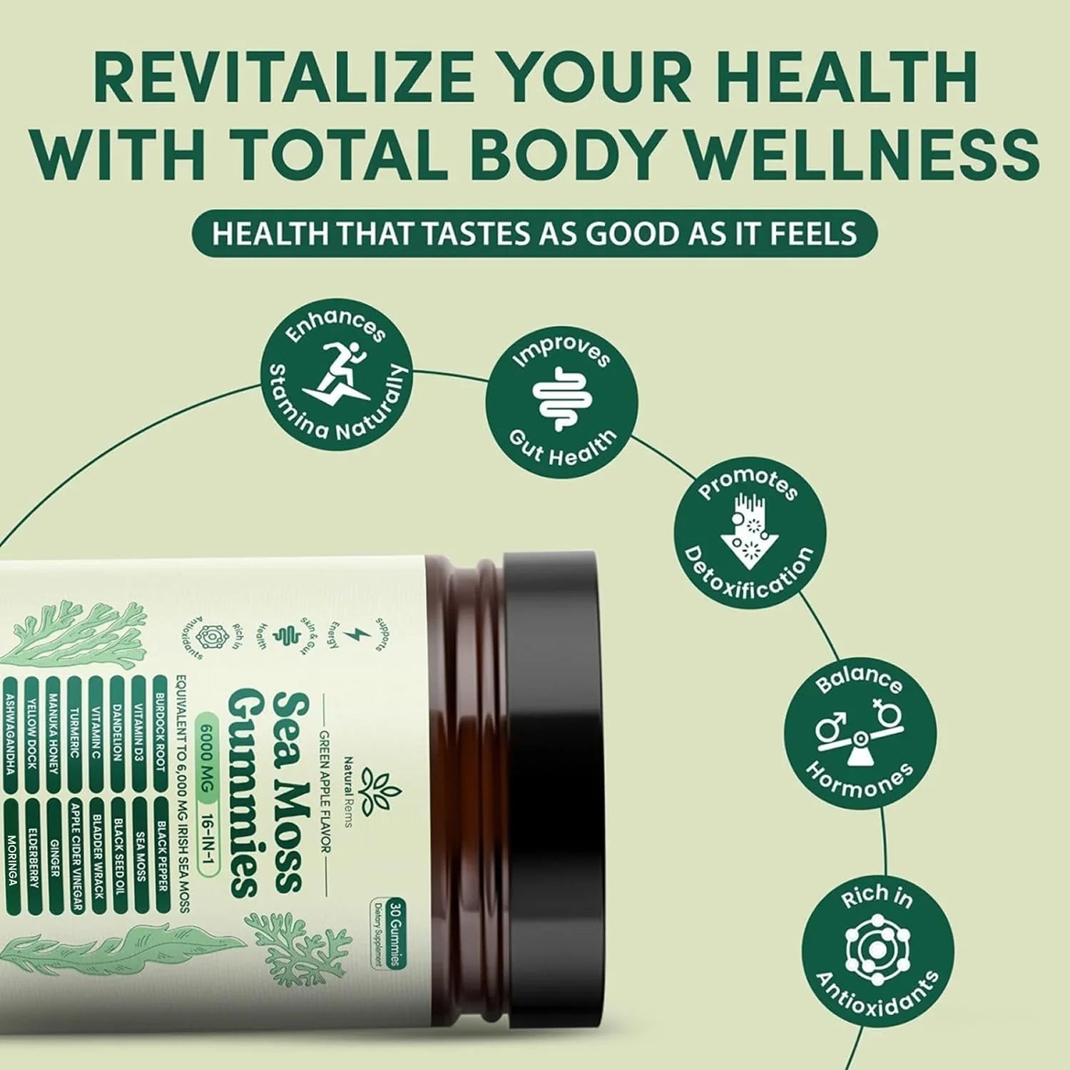 Natural Rems Sea Moss Gummies 16-in-1 - Ashwagandha Black Seed Oil Bladder Wrack Turmeric Vitamin C & D3 with Manuka Burdock Root Dandelion Yellow Dock Elderberry Apple Cider Vinegar (Green Apple) - natuurlijk supplement | naturalcleance.com
