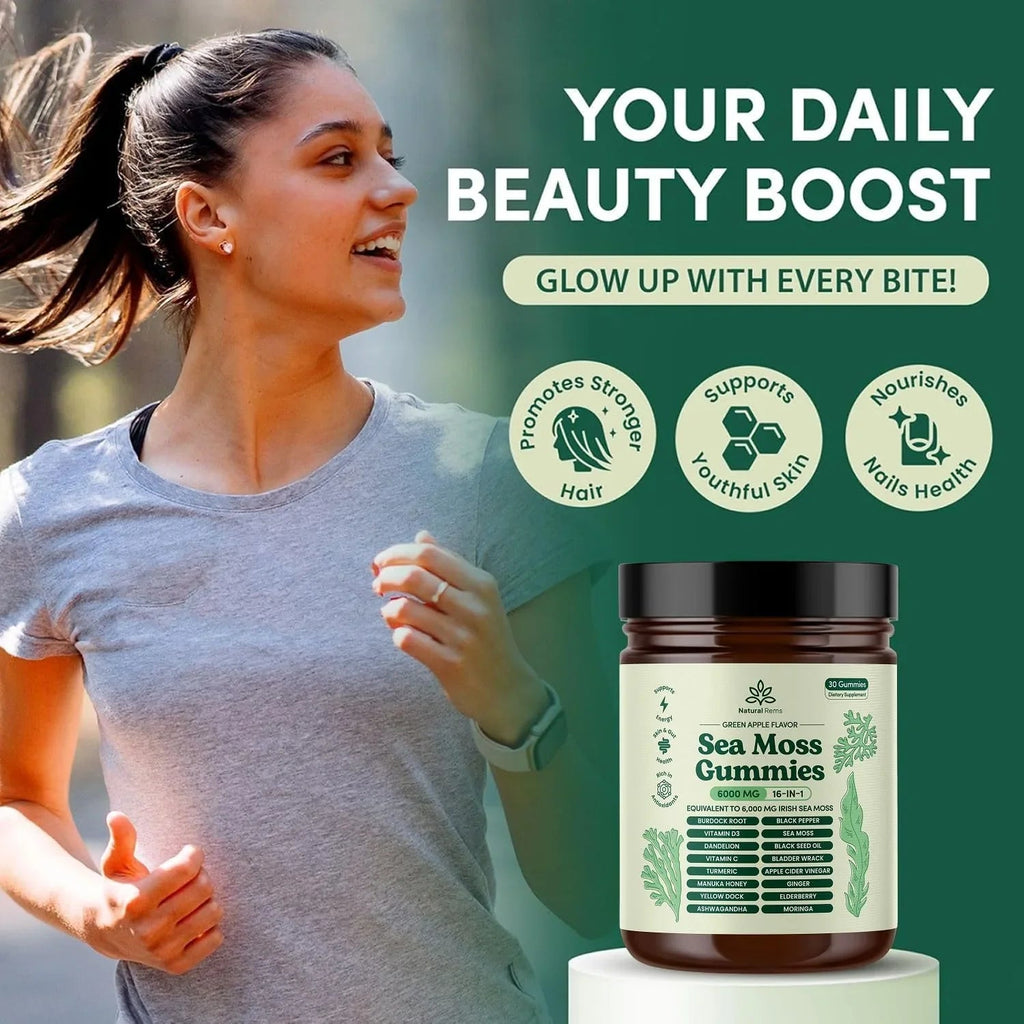 Natural Rems Sea Moss Gummies 16-in-1 - Ashwagandha Black Seed Oil Bladder Wrack Turmeric Vitamin C & D3 with Manuka Burdock Root Dandelion Yellow Dock Elderberry Apple Cider Vinegar (Green Apple) - natuurlijk supplement | naturalcleance.com