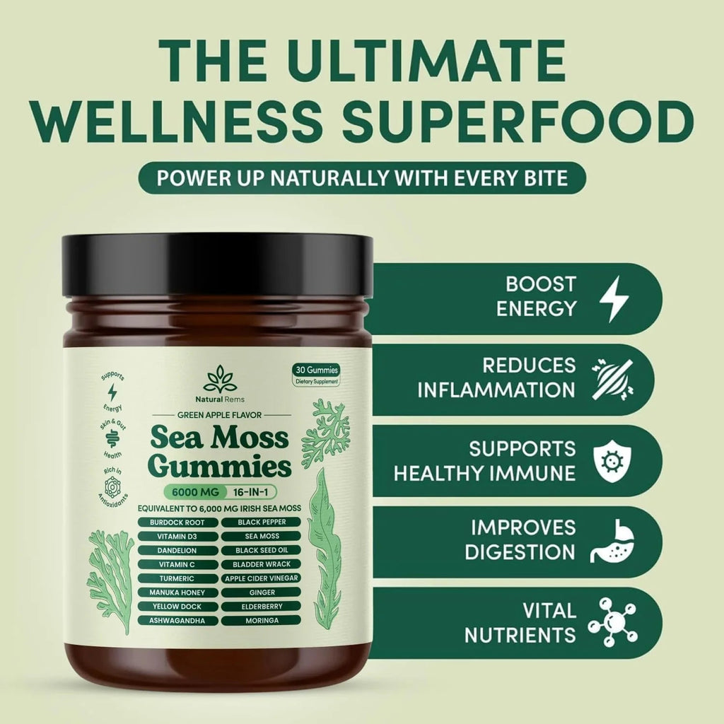 Natural Rems Sea Moss Gummies 16-in-1 - Ashwagandha Black Seed Oil Bladder Wrack Turmeric Vitamin C & D3 with Manuka Burdock Root Dandelion Yellow Dock Elderberry Apple Cider Vinegar (Green Apple) - natuurlijk supplement | naturalcleance.com