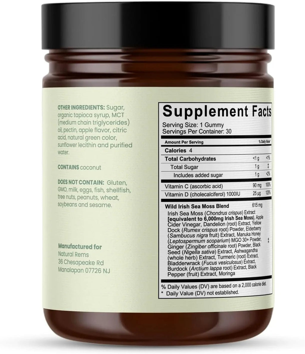 Natural Rems Sea Moss Gummies 16-in-1 - Ashwagandha Black Seed Oil Bladder Wrack Turmeric Vitamin C & D3 with Manuka Burdock Root Dandelion Yellow Dock Elderberry Apple Cider Vinegar (Green Apple) - natuurlijk supplement | naturalcleance.com